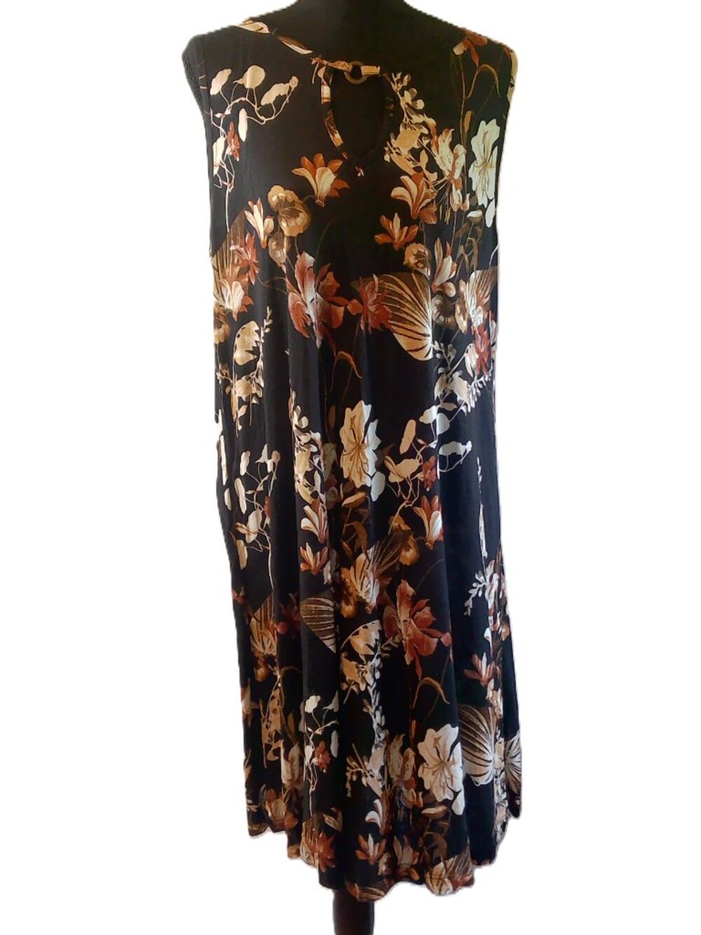 Lascana by Venus Floral Sleeveless Keyhole Midi Dress Black Brown Tan Women's XL